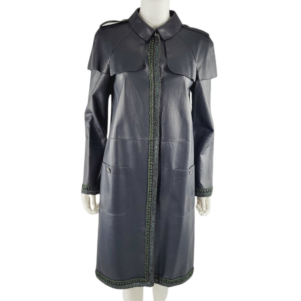 Chanel Navy Lambskin Leather Long Jacket